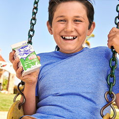 Boy on a swing with a single-serve carton of Hollandia Milk